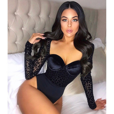 Σέξι λεοπάρ στάμπα με διάφανο διχτυωτό κορμάκι γυναικείο ανοιξιάτικο μακρύ μανίκι τετράγωνο γιακά πανωφόρι μπλουζάκια για μπλουζάκια λέσχη φόρμα