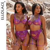 Lenjerie cu broderie Ellolace Dantela florală sexy Lenjerie de corp senzuală 3 piese Fantezie frumoase Truse scurte de îngrijire a pielii Corsaj cu jartieră