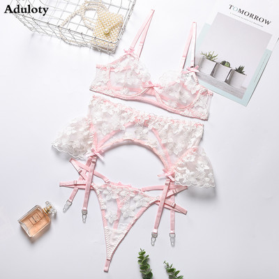 Γυναικείο Βαμβακερό Κέντημα Λουλούδια Άνετο Διχτυωτό Σετ Εσώρουχα Γυναικείο Δαντελένιο Σουτιέν Κοστούμι εσώρουχου με στρινγκ με καλτσοδέτα