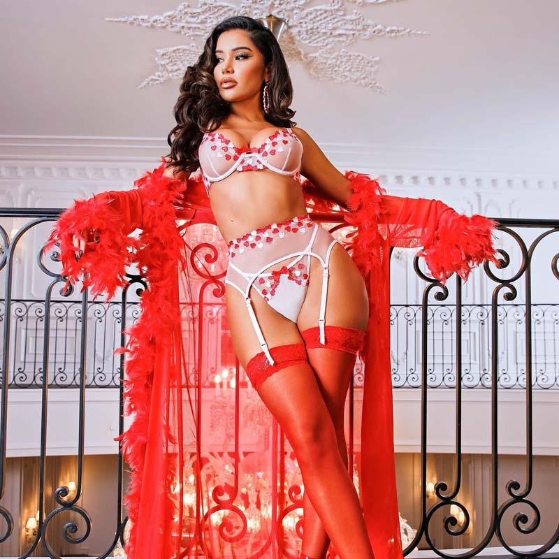 Ellolace Lenjerie pentru femeie Sexy Lover Lenjerie de corp de nuntă 3 piese Set de sutien și chiloți cu broderie din dantelă de lux delicată intimă