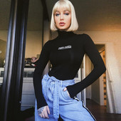 2019, nouă modă pentru femei, imprimeu cu litere, pulover subțire, cu gât înalt, cu mânecă lungă, ocazional, culoare solidă, skinny, salopetă scurtă pentru femei