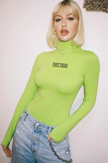 2019 Дамска нова мода с печат на букви Секси тънък пуловер с висока яка и дълъг ръкав Ежедневен едноцветен кльощав женски къс гащеризон