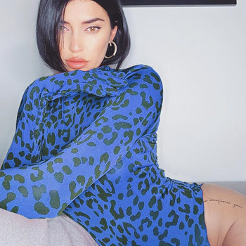 2019 Есенни дамски нови модни леопардови щампи Splice Секси тесни пуловери с висока яка с дълги ръкави, тънки ръкавици, къси гащеризони