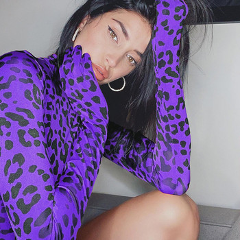 2019 Есенни дамски нови модни леопардови щампи Splice Секси тесни пуловери с висока яка с дълги ръкави, тънки ръкавици, къси гащеризони