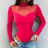 AVV Γυναικεία Φθινοπωρινή Φθινοπωρινή Bodycon Μασίφ διχτυωτό μακρυμάνικο φορμάκια με ζιβάγκο Sexy Party Club Basic Y2K Top 1PCS Rompers