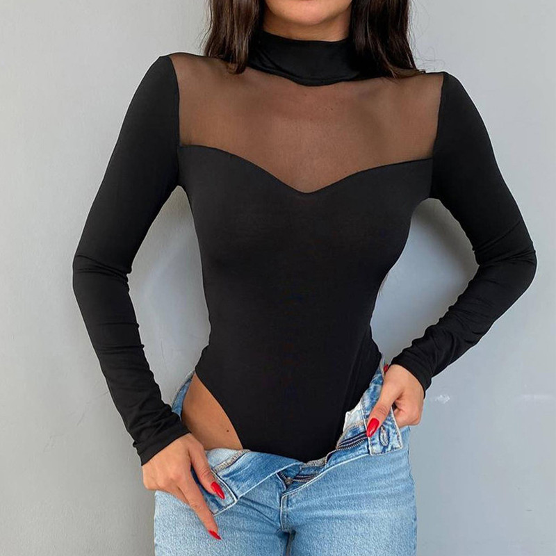 AVV Γυναικεία Φθινοπωρινή Φθινοπωρινή Bodycon Μασίφ διχτυωτό μακρυμάνικο φορμάκια με ζιβάγκο Sexy Party Club Basic Y2K Top 1PCS Rompers