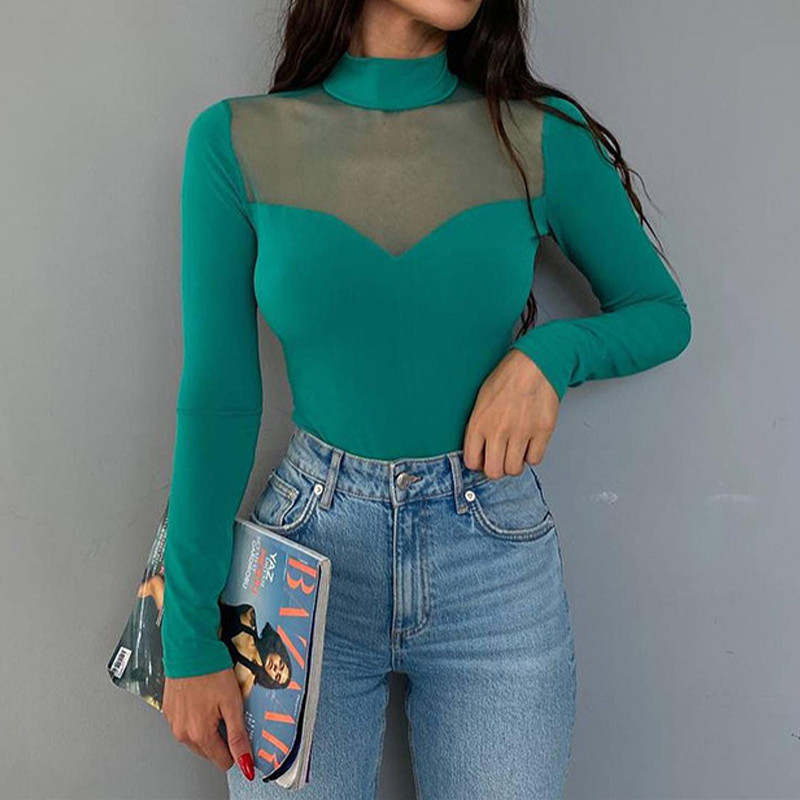 AVV Γυναικεία Φθινοπωρινή Φθινοπωρινή Bodycon Μασίφ διχτυωτό μακρυμάνικο φορμάκια με ζιβάγκο Sexy Party Club Basic Y2K Top 1PCS Rompers