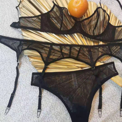 Σετ εσώρουχων 3 τεμ από διχτυωτό στρινγκ Διαφανές G-string δαντέλα Bralette Γυναικεία εσώρουχα με καλτσοδέτα μόδας Γυναικεία σέξι σετ εσωρούχων