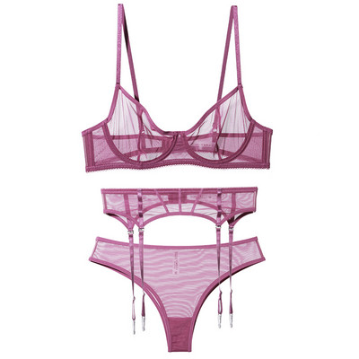 Σετ εσώρουχων 3 τεμ από διχτυωτό στρινγκ Διαφανές G-string δαντέλα Bralette Γυναικεία εσώρουχα με καλτσοδέτα μόδας Γυναικεία σέξι σετ εσωρούχων
