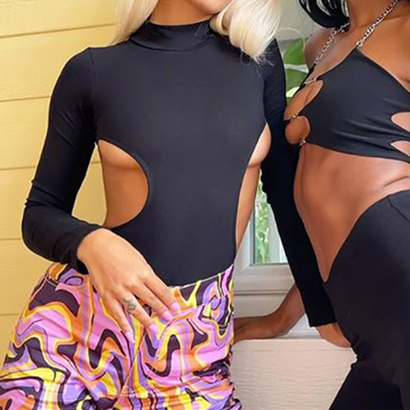 AVV Solid Must Pikkade Varrukatega Seksikas Väljalõigatud Seljata naiste Body, Romper Sügis Poolkõrge kaelus Mood Bodycon Tops Club Slim Body