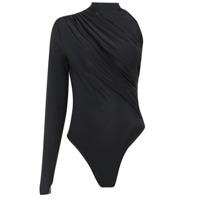 AVV Seksi plisirani bodi na jedno rame Ženska dolčevita Jednobojna ženska punih rukava Basic Bodycon Visoki struk Jesenska odjeća