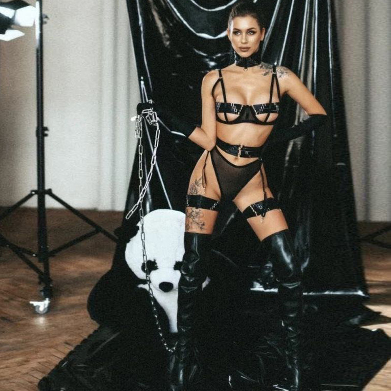 MIRABELLE Lenjerie Gotică Senzuală Sexy Sutien Decupat Set Erotic Dantela Lenjerie Transparentă Bandaje Set 5 Piese Porn Hot Outfits