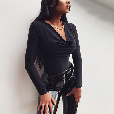 AVV 2019 Φθινοπωρινές Γυναικείες Νέα Μόδα Splice Σέξι λεπτή μονόχρωμη πουλόβερ Βαθύ μακρυμάνικο με λαιμόκοψη V-λαιμόκοψη Skinny casual κοντή φόρμα