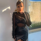 Μαύρο συνονθύλευμα 2019 Γυναικεία σέξι λεπτή δικτυωτή φόρμα με μακρυμάνικο πουλόβερ με ψηλό λαιμό Φθινοπωρινή casual μασίφ ολόσωμη φόρμα