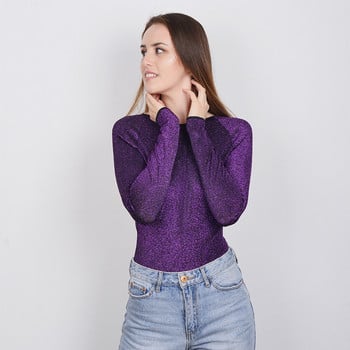 AVV 2019 Едноцветен пачуърк моден нов секси тънък пуловер с кръгло деколте и дълъг ръкав, тесен ежедневен къс гащеризон
