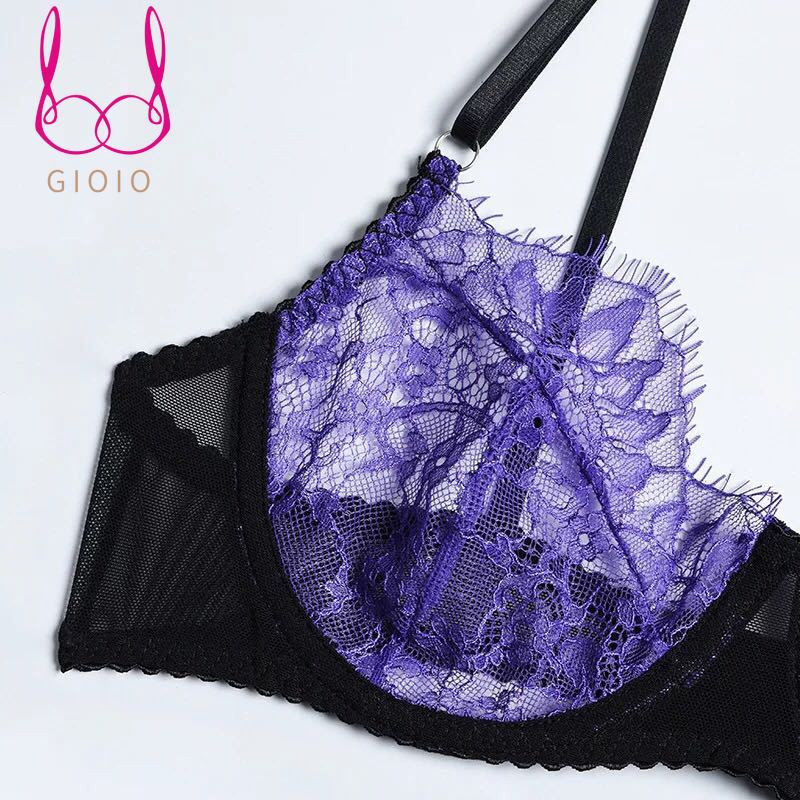 GIOIO Patchwork läbipaistev rinnahoidjakomplekt Seksikas lilla pitsiline pesu naiste ülikond kuum üliõhuke aluspesu, 3-osaline pidžaama