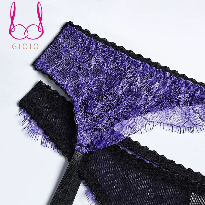 GIOIO Patchwork läbipaistev rinnahoidjakomplekt Seksikas lilla pitsiline pesu naiste ülikond kuum üliõhuke aluspesu, 3-osaline pidžaama