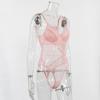 AVV 2019 Дамско розово мрежесто прозрачно боди Модно клубно парти боди с дантелени бодита без гръб Секси гащеризон по тялото