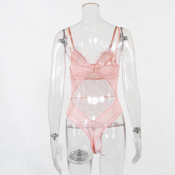 AVV 2019 Дамско розово мрежесто прозрачно боди Модно клубно парти боди с дантелени бодита без гръб Секси гащеризон по тялото