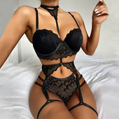 Lenjerie sexy Femei Sutien Push Up Seturi de jartiere Slip Set de lenjerie intima sexy Set de lenjerie cu broderie florală Seturi de slip erotic Lenceria