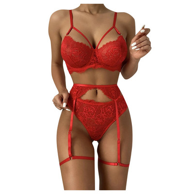 Lenjerie sexy Femei Sutien Push Up Seturi de jartiere Slip Set de lenjerie intima sexy Set de lenjerie cu broderie florală Seturi de slip erotic Lenceria