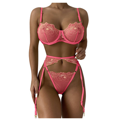Lenjerie sexy Femei Sutien Push Up Seturi de jartiere Slip Set de lenjerie intima sexy Set de lenjerie cu broderie florală Seturi de slip erotic Lenceria