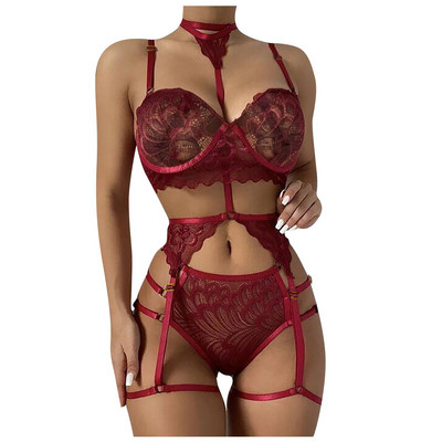 Lenjerie sexy Femei Sutien Push Up Seturi de jartiere Slip Set de lenjerie intima sexy Set de lenjerie cu broderie florală Seturi de slip erotic Lenceria