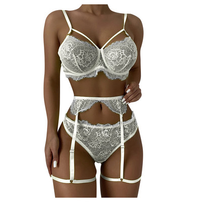 Lenjerie sexy Femei Sutien Push Up Seturi de jartiere Slip Set de lenjerie intima sexy Set de lenjerie cu broderie florală Seturi de slip erotic Lenceria