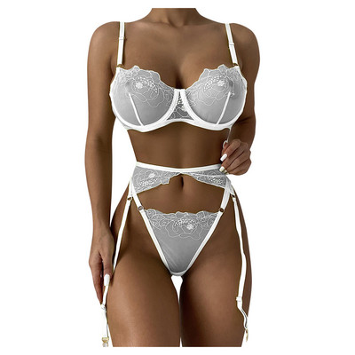 Lenjerie sexy Femei Sutien Push Up Seturi de jartiere Slip Set de lenjerie intima sexy Set de lenjerie cu broderie florală Seturi de slip erotic Lenceria