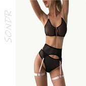 SONDR-Lenjerie neagră sexy pentru femei, sutien confort cu șireturi, set jartieră pentru chiloți, set de lenjerie intima sexy