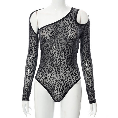 Body AVV Fashion cu leopard negru, toamnă iarnă, îmbrăcăminte de club sexy, body cu mânecă lungă, cu ochiuri, ținută dintr-o bucată