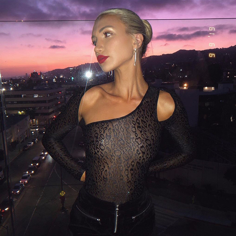 Body AVV Fashion cu leopard negru, toamnă iarnă, îmbrăcăminte de club sexy, body cu mânecă lungă, cu ochiuri, ținută dintr-o bucată