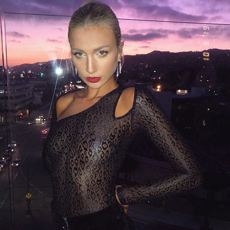 Body AVV Fashion cu leopard negru, toamnă iarnă, îmbrăcăminte de club sexy, body cu mânecă lungă, cu ochiuri, ținută dintr-o bucată