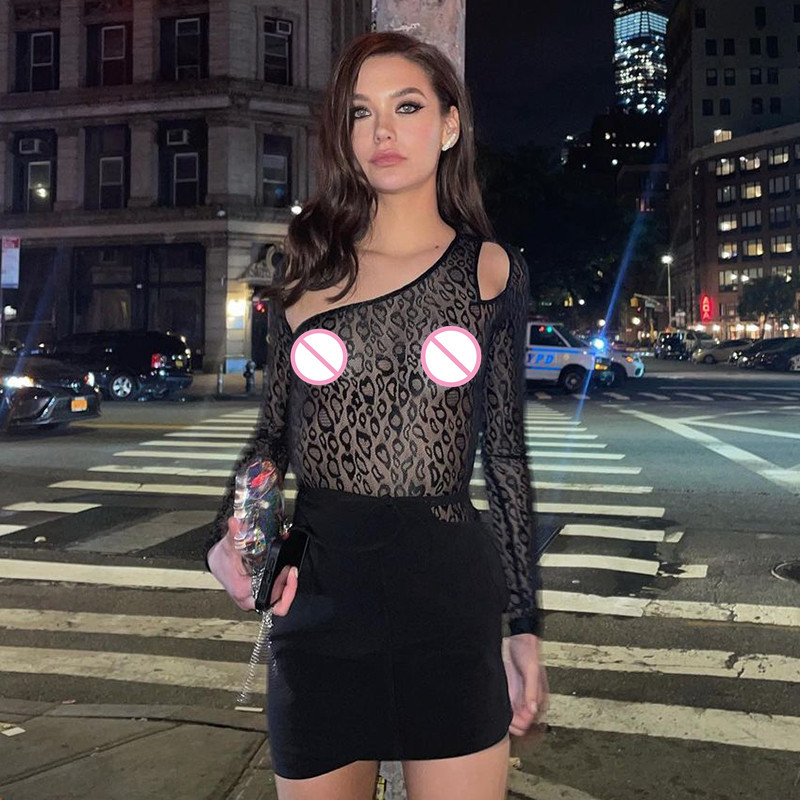 Body AVV Fashion cu leopard negru, toamnă iarnă, îmbrăcăminte de club sexy, body cu mânecă lungă, cu ochiuri, ținută dintr-o bucată