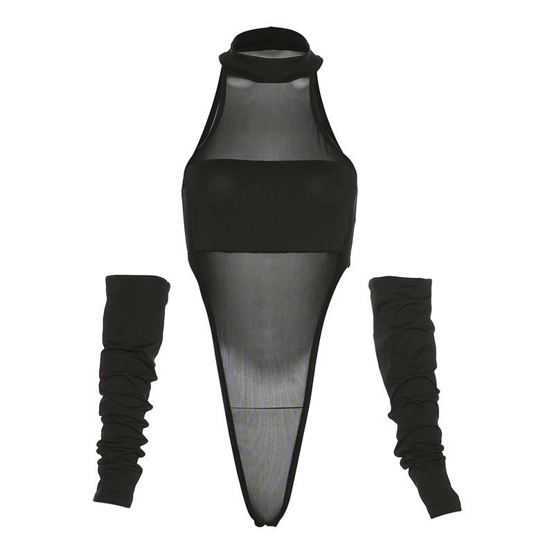 AVV Body sexy pentru femei din plasă, mozaic, cu umăr dezactivat, cu mănuși, cu gâtul O, cu modă transparentă, pentru petrecere, cu elasticitate, barceloane