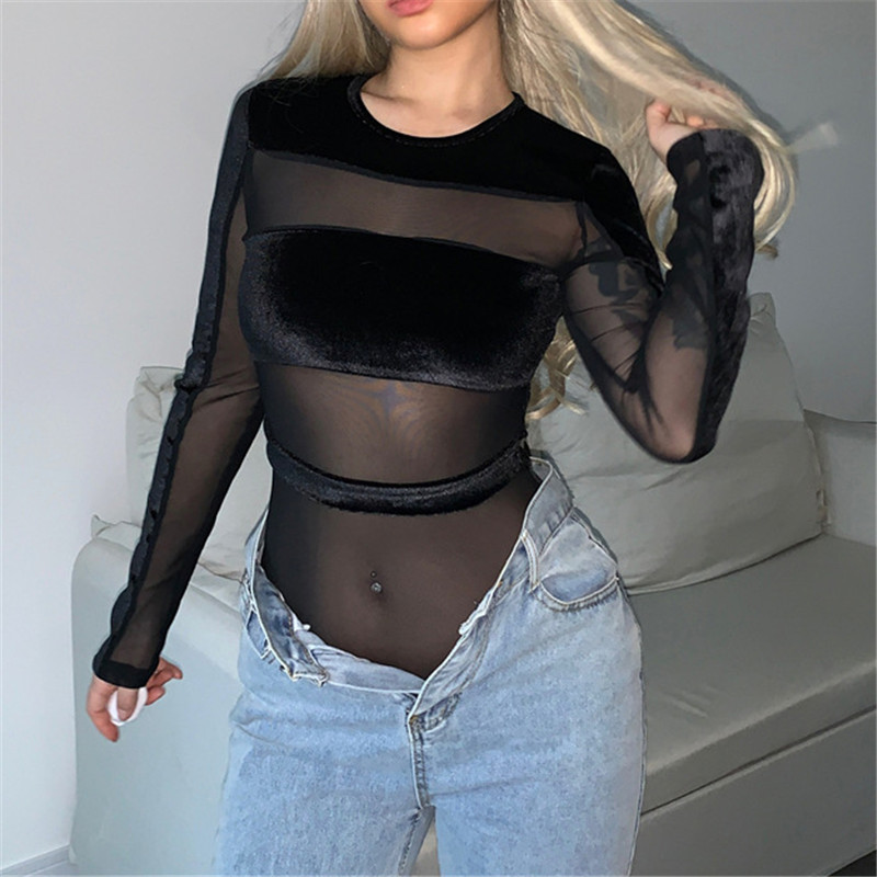 AVV, catifea, patchwork, plasă, body pentru femei, 2023, cu mânecă lungă, cu guler O, subțire, neagră, de bază, bodycon, maiuri.