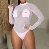 AVV Hot Sexy Mesh Transparent Body Skinny Mânecă Lungă Buzunar Cusătură Femei Bodycon Salopete O Gât Topuri de bază Negru Alb