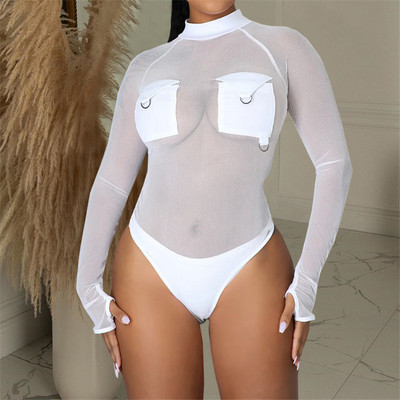 AVV Hot Sexy Mesh Transparent Body Skinny Mânecă Lungă Buzunar Cusătură Femei Bodycon Salopete O Gât Topuri de bază Negru Alb