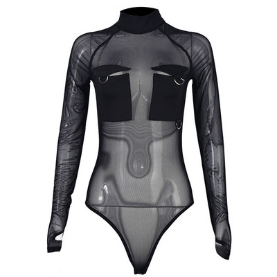 AVV Hot Sexy Mesh Transparent Body Skinny Mânecă Lungă Buzunar Cusătură Femei Bodycon Salopete O Gât Topuri de bază Negru Alb