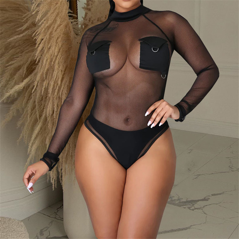AVV Hot Sexy Mesh Transparent Body Skinny Mânecă Lungă Buzunar Cusătură Femei Bodycon Salopete O Gât Topuri de bază Negru Alb