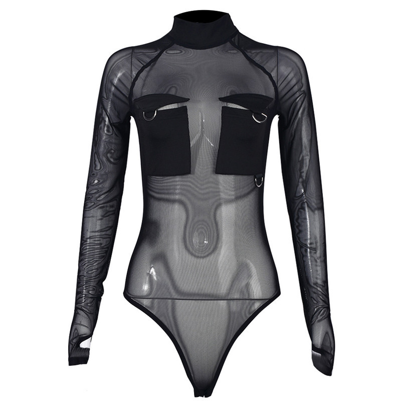 AVV Hot Sexy Mesh Transparent Body Skinny Mânecă Lungă Buzunar Cusătură Femei Bodycon Salopete O Gât Topuri de bază Negru Alb