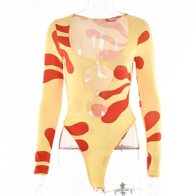 AVV New Fashion imprimat toamna 2022 cu mânecă lungă, guler decoltat, body subțire, o singură bucată, salopetă subțire cu inel metalic, Y2K