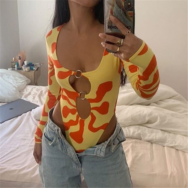 AVV New Fashion imprimat toamna 2022 cu mânecă lungă, guler decoltat, body subțire, o singură bucată, salopetă subțire cu inel metalic, Y2K