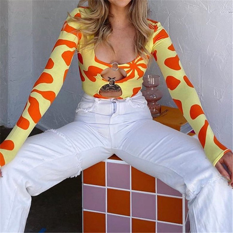 AVV New Fashion imprimat toamna 2022 cu mânecă lungă, guler decoltat, body subțire, o singură bucată, salopetă subțire cu inel metalic, Y2K