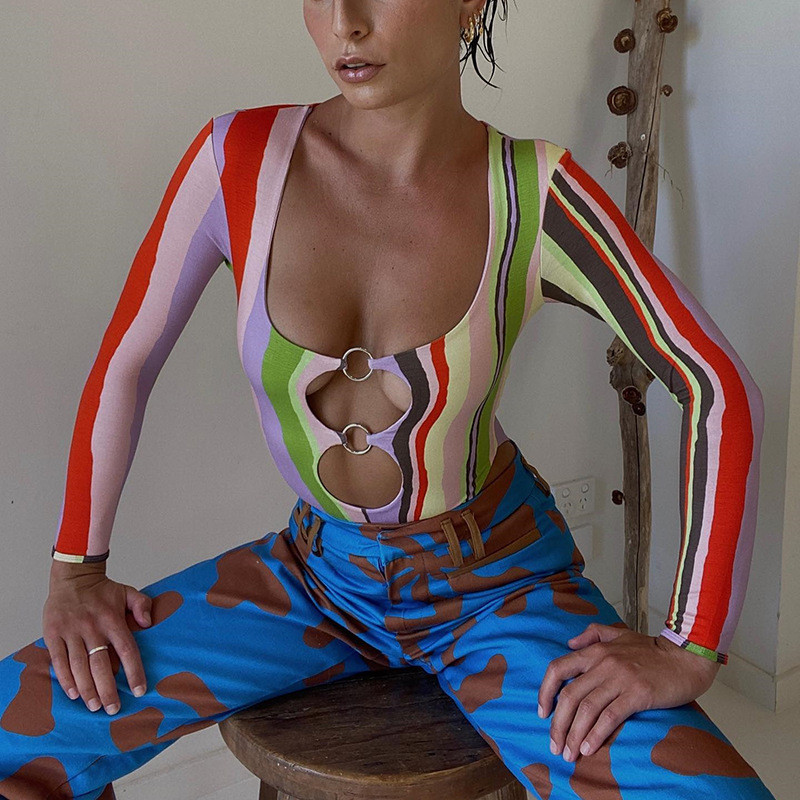 AVV New Fashion imprimat toamna 2022 cu mânecă lungă, guler decoltat, body subțire, o singură bucată, salopetă subțire cu inel metalic, Y2K