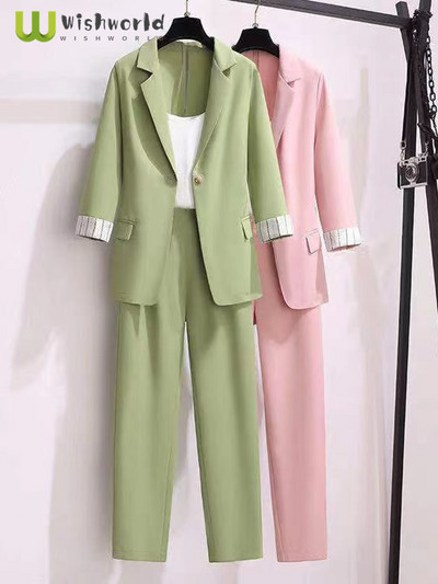 Άνοιξη 2022 νέο κορεατικό κομψό γυναικείο κοστούμι γυναικείο μπλέιζερ παντελόνι αναψυχής Σετ σακάκι με τζάκετ τριών τεμαχίων