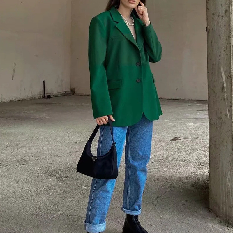Ženski kompleti sakoi Uredska elegantna radna odjeća Ženska jakna s džepovima Zeleni kaput Dvodijelni blejzer na gumbe
