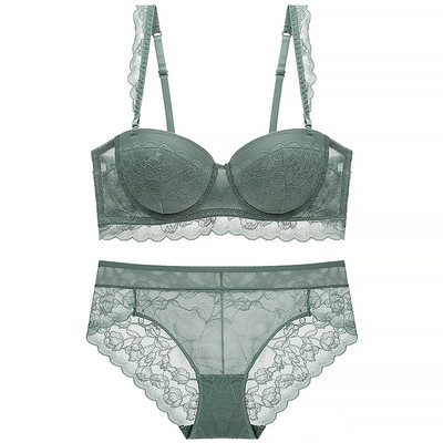 Σέξι Linerie Σετ Μπαλκόνι Στράπλες Σουτιέν Push Up Επένδυση Κύπελλο Εσωρούχο με βολάν Ιμάντες Δαντέλα Διακοσμητικά Γυναικεία εσώρουχα Sage πράσινο