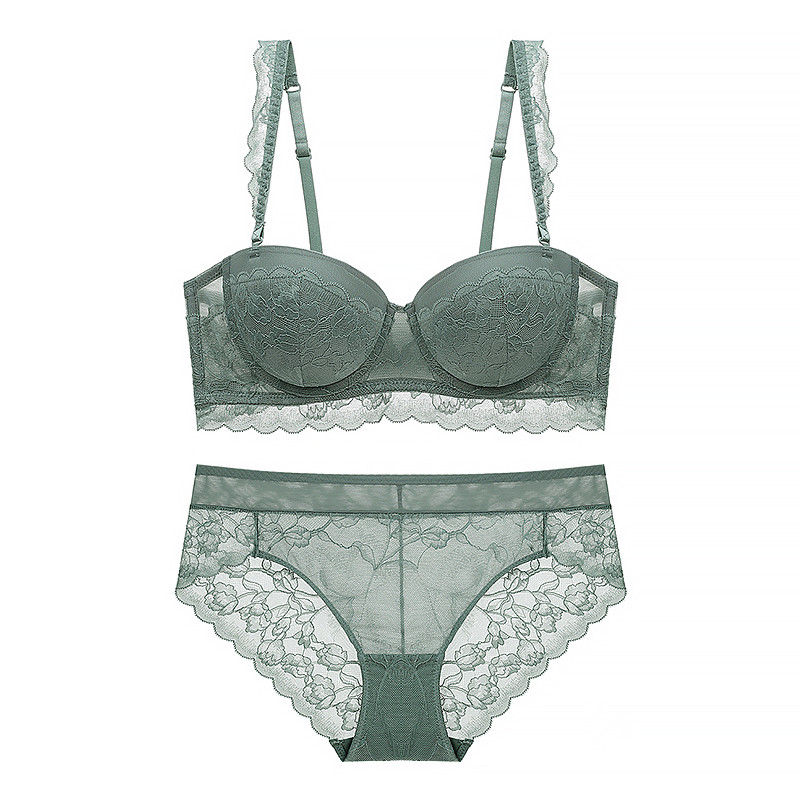 Σέξι Linerie Σετ Μπαλκόνι Στράπλες Σουτιέν Push Up Επένδυση Κύπελλο Εσωρούχο με βολάν Ιμάντες Δαντέλα Διακοσμητικά Γυναικεία εσώρουχα Sage πράσινο