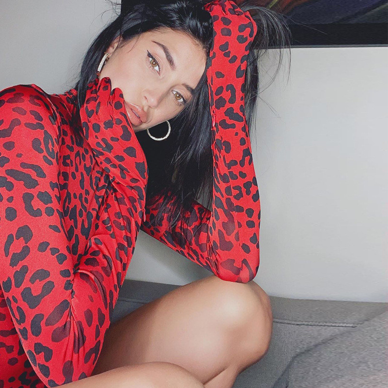 Toamna 2019 Noua Modă Sexy Femei Mănuși Cu mâneci Leopard Print Turtleneck Mânecă lungă Skinny Doamnelor Casual Party Salopete
